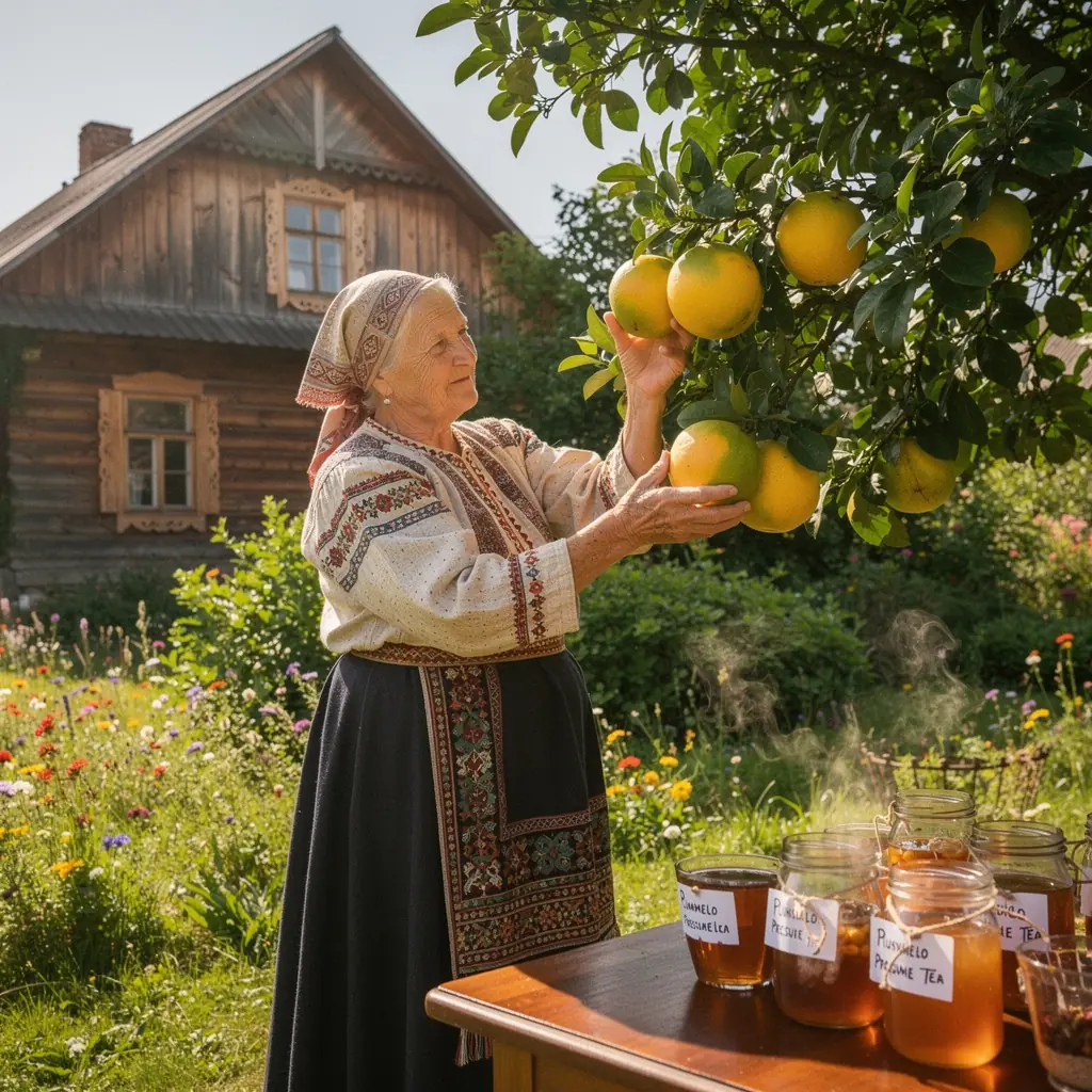 Pummelo arbatos puodelis su šviežiais citrina ir žalumynais.