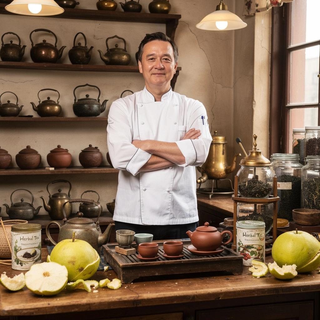 Žaliosios arbatos lapai šalia Pummelo vaisių ant stalo.