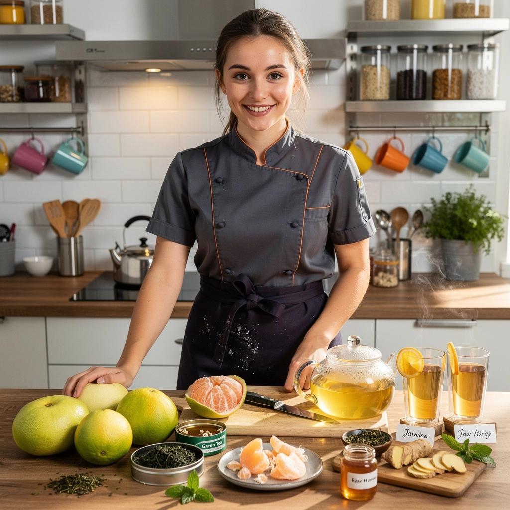 Mėlyna arbatos taurė su Pummelo skoniu ir citruso riekelėmis.